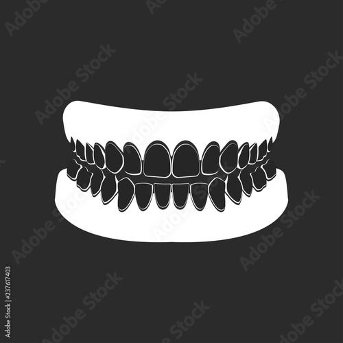 Denture icon. Icon gums with teeth or dentures. Dental prosthesis, tooth orthopedics sign, teeth image, icon dental. Vector illustration.