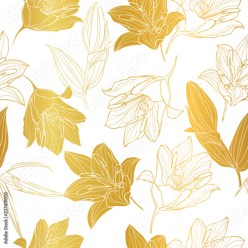 gold Lilium flower textureVector seamless repeat pattern. Great for wedding or bridal shower decor, spring, summer, and fall wallpaper,invitations, scrapbooking. Surface pattern design.