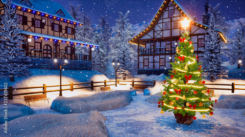 Fényképezés Outdoor Christmas tree decorated by Xmas lights garland on empty snowbound square of cozy alpine mountain township at snowy winter night