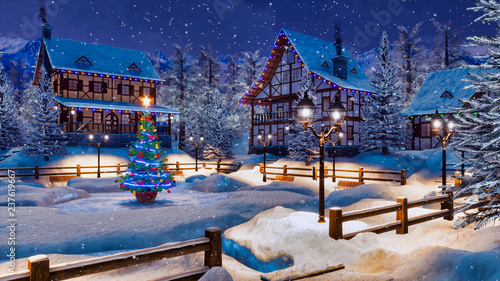 Peaceful winter scenery - snow covered alpine village high in mountains with illuminated half-timbered houses and decorated Christmas tree at snowfall night. 3D illustration. photo