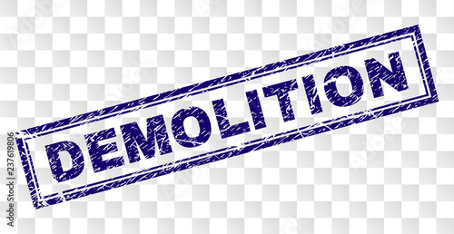 DEMOLITION stamp seal print with rubber print style and double framed rectangle shape. Stamp is placed on a transparent background.