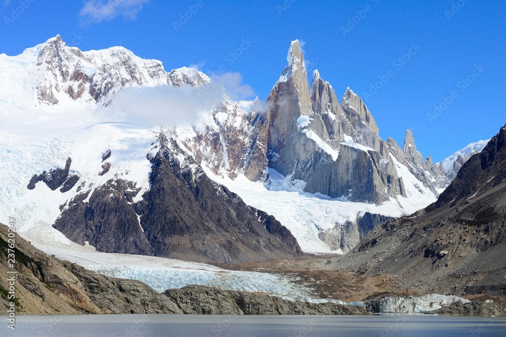 Laguna Torre with Cerro Torre and Cerro Adela with glacier, Los Glaciares National Park, El Chalten, Province of Santa Cruz, Argentina, South America Laguna Torre with Cerro Torre and Cerro Adela with glacier, Los Glaciares National Park, El Chalten, Province of Santa Cruz, Argentina, South America