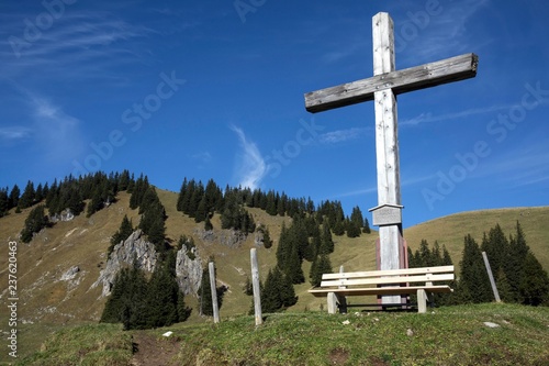 Wooden cross on the hiking trail from Hirschalpe to Spieser, Oberjoch, Bad Hindelang, Allgau, Bavaria, Germany, Europe photo