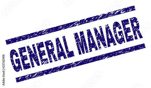 GENERAL MANAGER seal watermark with grunge style. Blue vector rubber print of GENERAL MANAGER caption with grunge texture. Text label is placed between parallel lines.