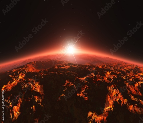 Fototapeta Naklejka Na Ścianę i Meble -  Mars at sunrise, star above the surface of the red planet,

