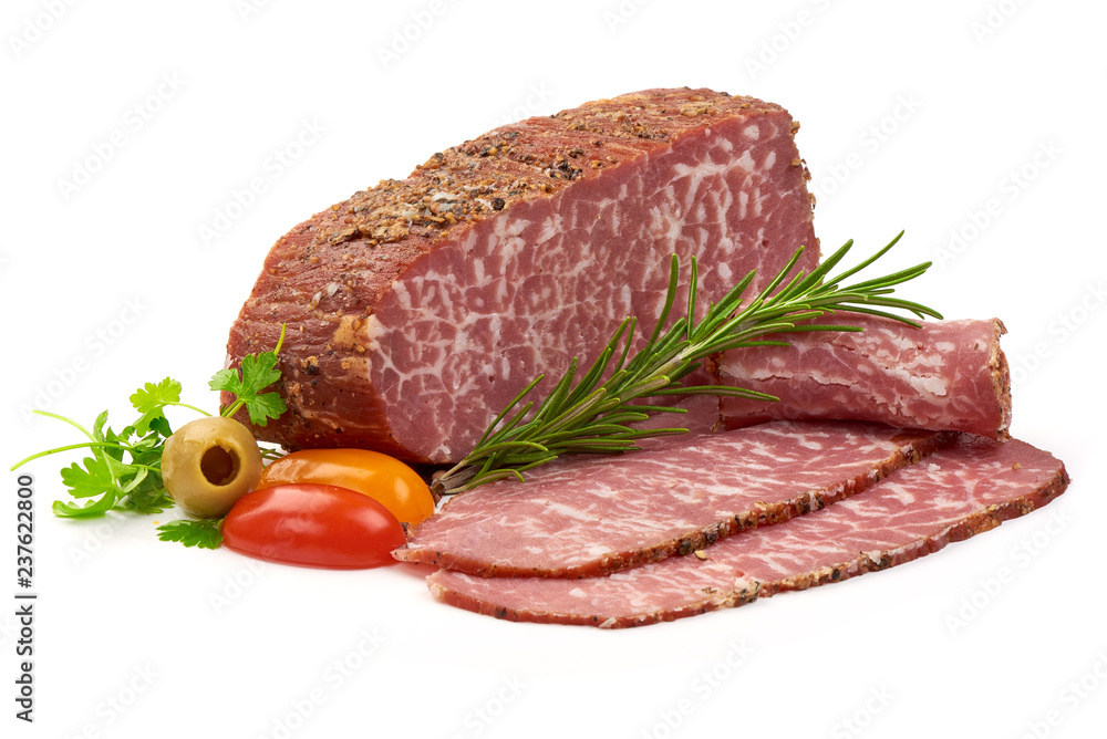 Premium Japanse Marble Meat with herbs and tomatoes, isolated on a white background. Close-up