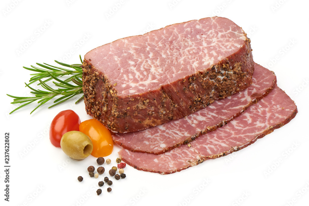 Jerked Marbled meat Black Angus Steak Ribeye with herbs, spices and tomatoes, isolated on a white background. Close-up Jerked Marbled meat Black Angus Steak Ribeye with herbs, spices and tomatoes, isolated on a white background. Close-up
