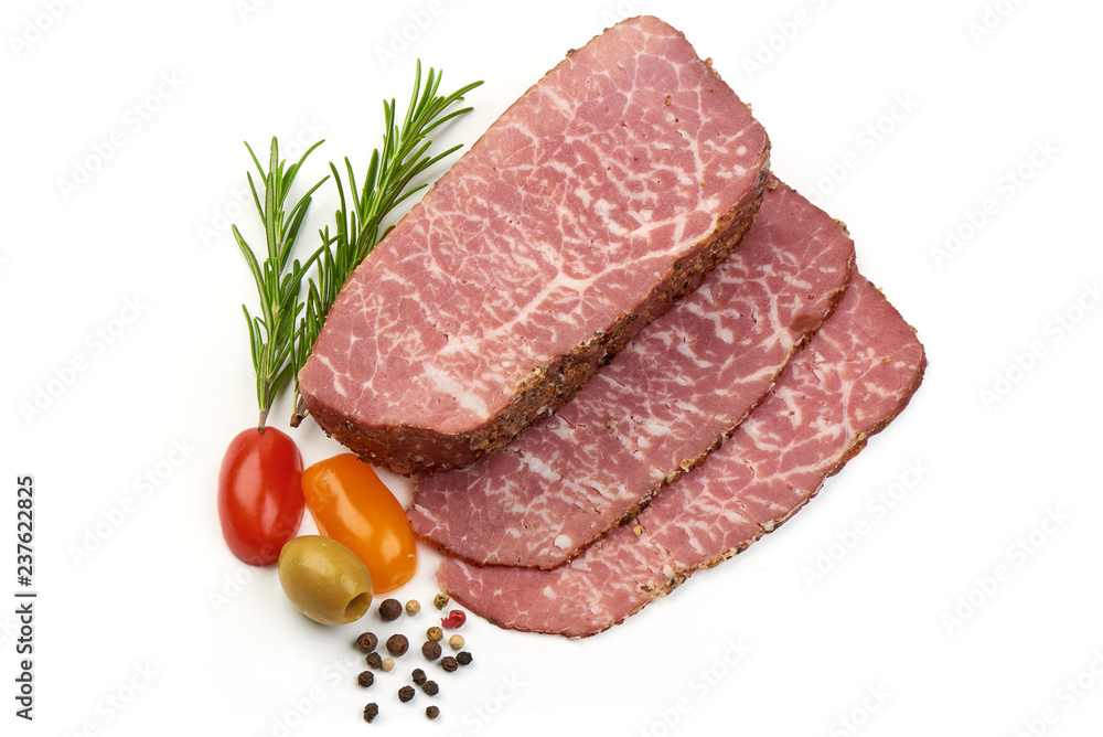 Jerked Marble Beef with herbs, spices and tomatoes, isolated on a white background. Top view Jerked Marble Beef with herbs, spices and tomatoes, isolated on a white background. Top view