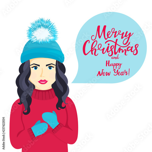 A young girl in a hat with a fluffy pompon, scarf and mittens wishes Merry Christmas and Happy New Year.
