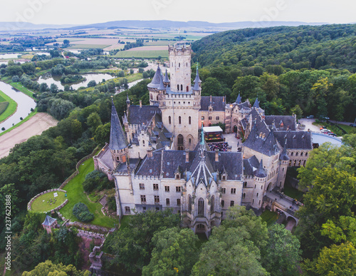 View of Marienburg Castle, a Gothic revival castle in Lower Saxony, Germany, near Hanover, drone aerial view