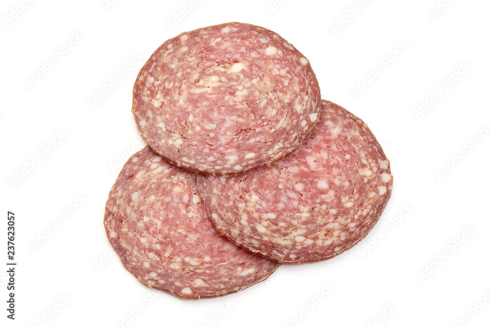 Salami Smoked Sausage Slices, isolated on a white background. Top view Salami Smoked Sausage Slices, isolated on a white background. Top view
