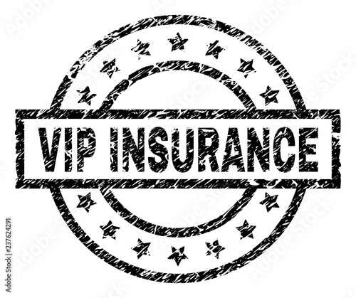 VIP INSURANCE stamp seal watermark with distress style. Designed with rectangle, circles and stars. Black vector rubber print of VIP INSURANCE label with dirty texture.