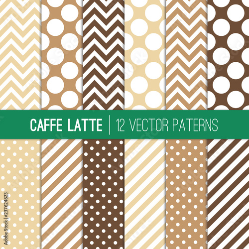 Caffe Latte Polka Dots, Chevron and Stripes vector Patterns in Coffee Brown, Moka, Cream and White Colors. Modern Geometric Backgrounds. Repeating Pattern Tile Swatches Included.