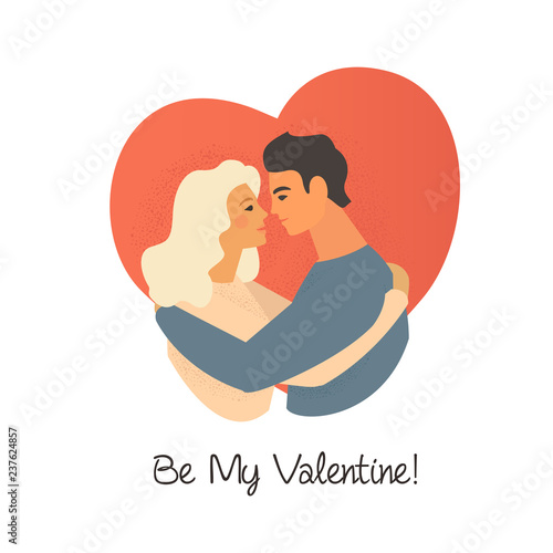 Cute boy and girl warmly cuddling and Be My Valentine on white background. Holiday vector illustration for Valentines day postcard, greeting card, party invitation.