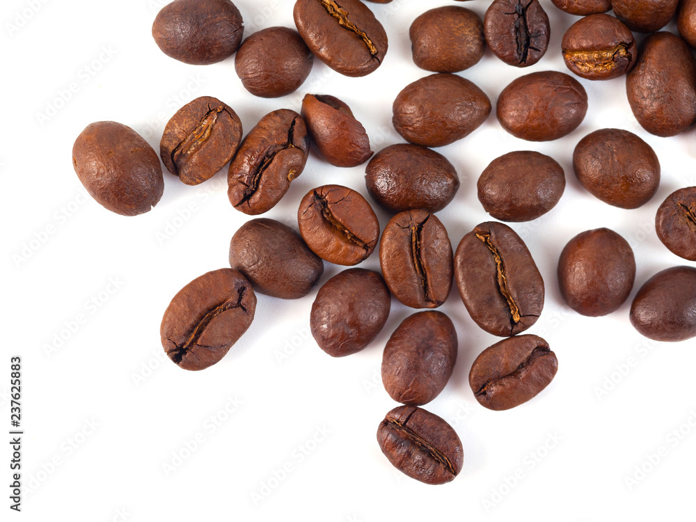 Roasted coffee beans isolated on white background. Three coffee beans Roasted coffee beans isolated on white background. Three coffee beans