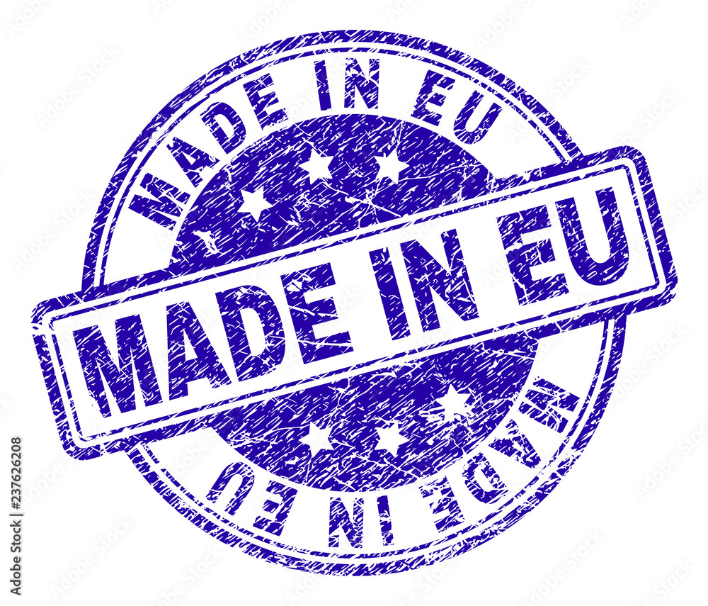 MADE IN EU stamp seal watermark with grunge texture. Designed with rounded rectangles and circles. Blue vector rubber print of MADE IN EU title with grunge texture. MADE IN EU stamp seal watermark with grunge texture. Designed with rounded rectangles and circles. Blue vector rubber print of MADE IN EU title with grunge texture.