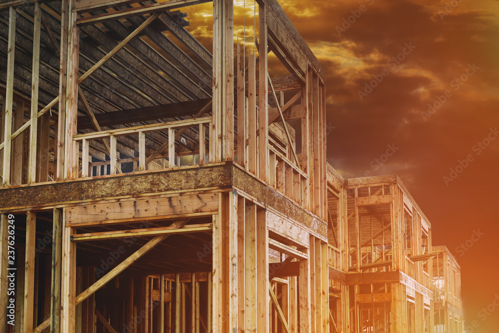 Residential home framing view on new house wooden under construction Residential home framing view on new house wooden under construction