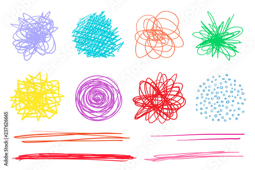Tangled shapes on white. Hand drawn lines on isolated background. Chaotic textures with hatching. Wavy backdrops. Colorful illustration. Elements for posters and flyers