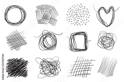 Backgrounds with array of lines on white. Intricate chaotic textures. Wavy backdrops. Hand drawn tangled patterns. Black and white illustration. Elements for design