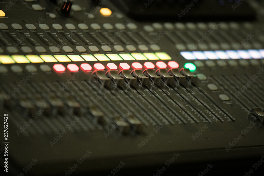Sound mixer controller. In studio closeup view. Sound mixer controller. In studio closeup view.
