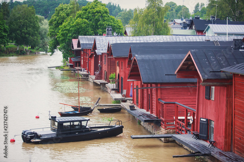 View of Porvoo old town with red wooden sheds, Borga, a city and a municipality situated on the southern coast of Finland approximately 50 kilometres (30 mile) east of Helsinki, Finland photo