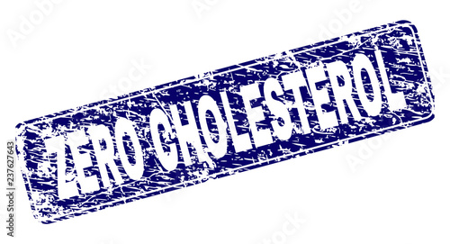 ZERO CHOLESTEROL stamp seal print with distress style. Seal shape is a rounded rectangle with frame. Blue vector rubber print of ZERO CHOLESTEROL label with dust style.