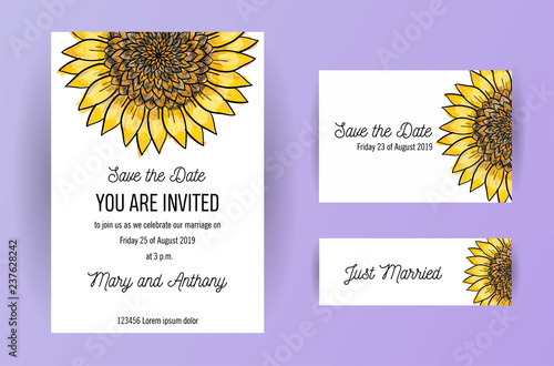 Set of wedding invitation card flowers Sunflower. A5 wedding invitation design template on white background