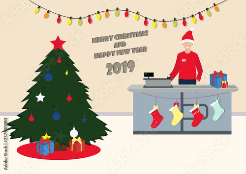 Wallpaper Mural Merry Christmas and New Year In Supermarket. Christmas tree, gifts, socks, cashier in Christmas hat. Vector illustration Torontodigital.ca