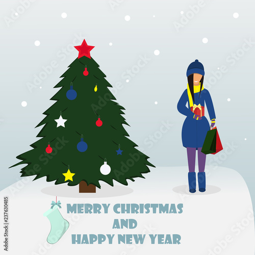 Merry Christmas and Happy New Year. Woman standing with gift. Christmas tree, gifts, snow. Vector illustration