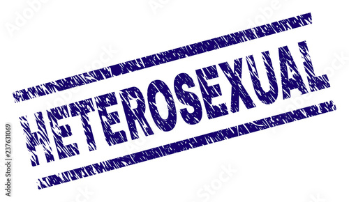 HETEROSEXUAL seal print with distress style. Blue vector rubber print of HETEROSEXUAL tag with scratched texture. Text tag is placed between parallel lines.