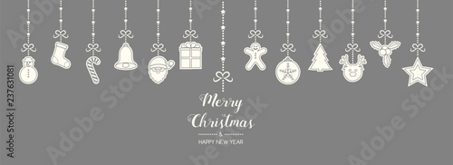 Vintage Christmas card with hanging hand drawn elements. Vector.