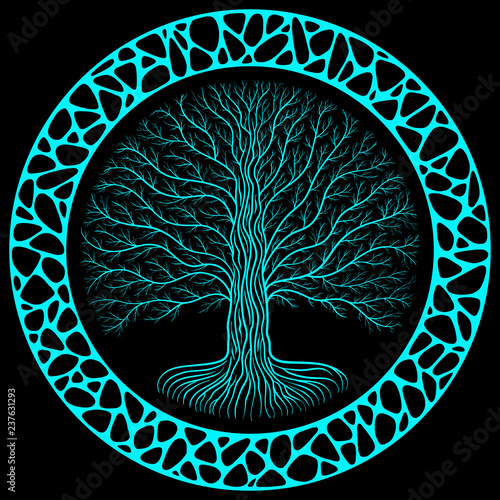 Druidic Yggdrasil tree at night, round silhouette, black and blue logo. Gothic ancient book style, organic or stone wall frame