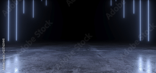 Fototapeta Naklejka Na Ścianę i Meble -  Abstract Shaped Sci Fi Futuristic Modern Vibrant Glowing Neon Purple Pink Blue Laser Tube Lights In Long Dark Empty Grunge Texture Concrete Tunnel Background 3D Rendering