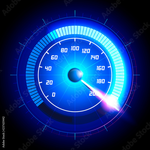 Vector Illustration Car speedometer dashboard icon. Speed meter fast race technology design measurement panel. Pushing to limit with cool engery glow effects. photo