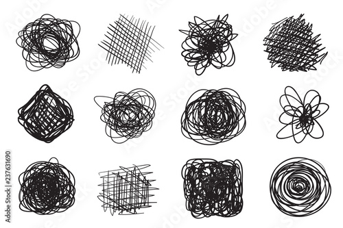 Tangled shapes on white. Chaos pattern. Scribble sketch. Background with array of lines. Intricate chaotic texture. Art creation. Black and white illustration. Doodles for posters and flyers