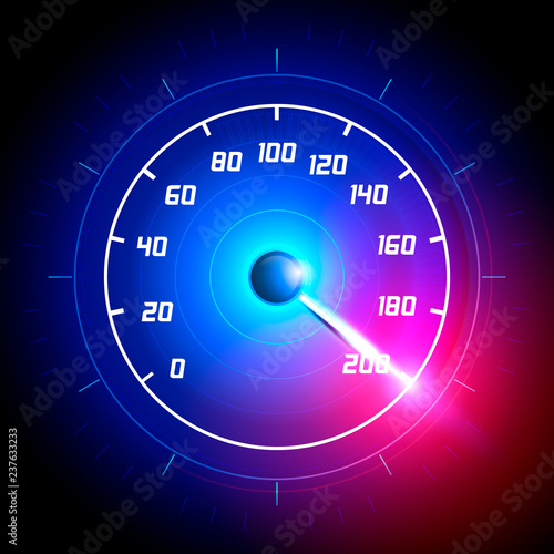 Vector Illustration Car speedometer dashboard icon. Speed meter fast race technology design measurement panel. Pushing to limit with cool engery glow effects.