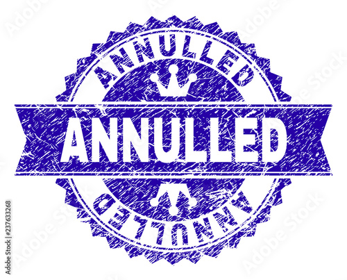 ANNULLED rosette stamp watermark with grunge texture. Designed with round rosette, ribbon and small crowns. Blue vector rubber print of ANNULLED caption with grunge texture.