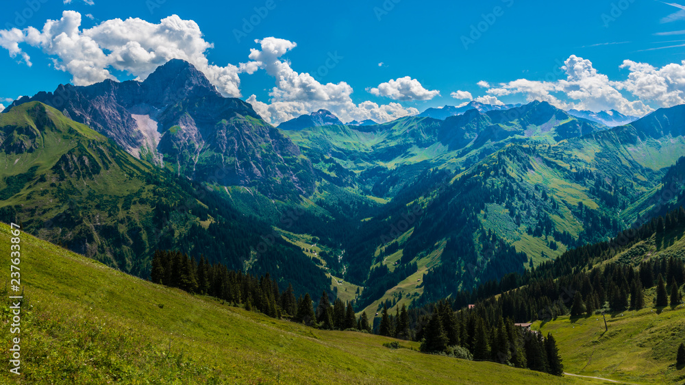 Blick in ein Gebirgstal im Kleinen Walsertal Österreich bei schönem Wetter