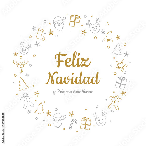 Feliz Navidad y Prospero Ano Nuevo - spanish Christmas wishes. Vector.