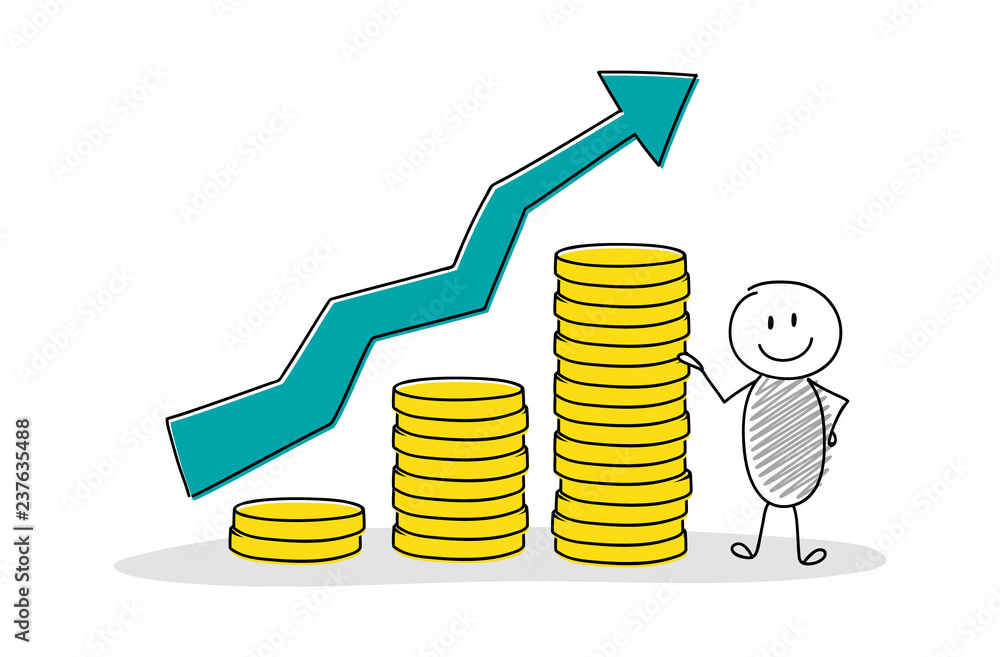 Business illustration with cartoon stickman showing money graph. Vector. Business illustration with cartoon stickman showing money graph. Vector.