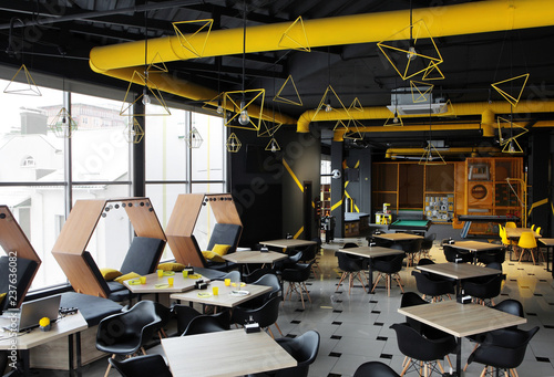 Interior industrial cement loft design concept modern cafe , restraunt. With place for children