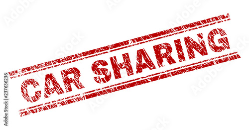 CAR SHARING seal print with corroded style. Red vector rubber print of CAR SHARING caption with corroded texture. Text caption is placed between double parallel lines.