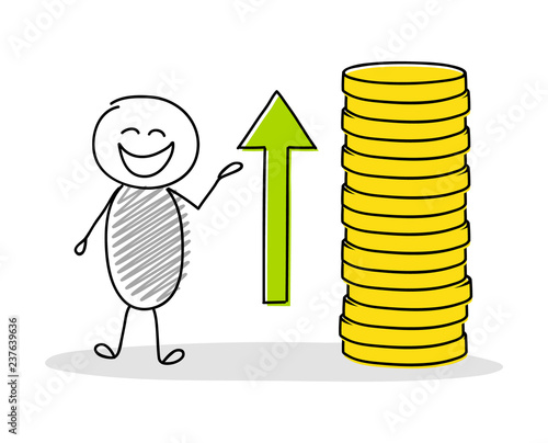 Cartoon stickman showing coin stack. Vector.