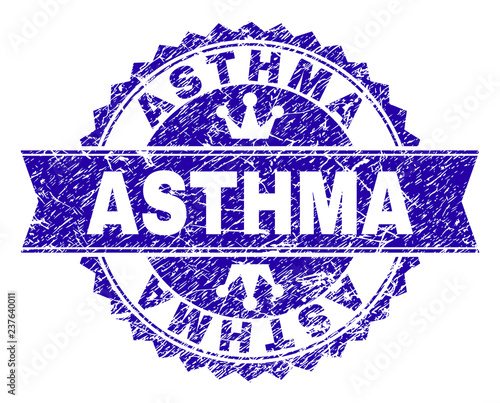 ASTHMA rosette seal watermark with grunge texture. Designed with round rosette, ribbon and small crowns. Blue vector rubber watermark of ASTHMA tag with dirty style.