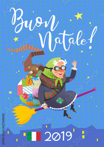 Befana - traditional Italian character, who brings presents at Epiphany - january holiday. Greeting card. Vector illustration