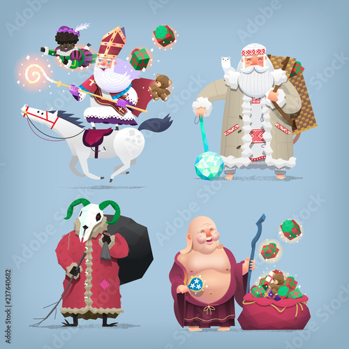 Traditional Christmas characters of different countries. Part 2. Vector illustrations with people bringing presents for winter holidays