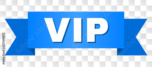 VIP text on a ribbon. Designed with white title and blue stripe. Vector banner with VIP tag on a transparent background.