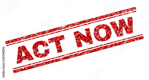 ACT NOW seal print with corroded style. Red vector rubber print of ACT NOW tag with unclean texture. Text caption is placed between double parallel lines.
