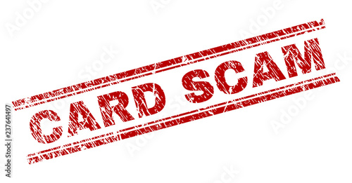 CARD SCAM seal watermark with distress texture. Red vector rubber print of CARD SCAM text with scratched texture. Text tag is placed between double parallel lines.
