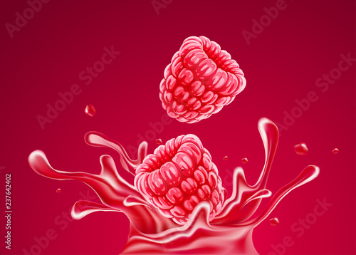Raspberry fruits falling into juice splash with spray and drops